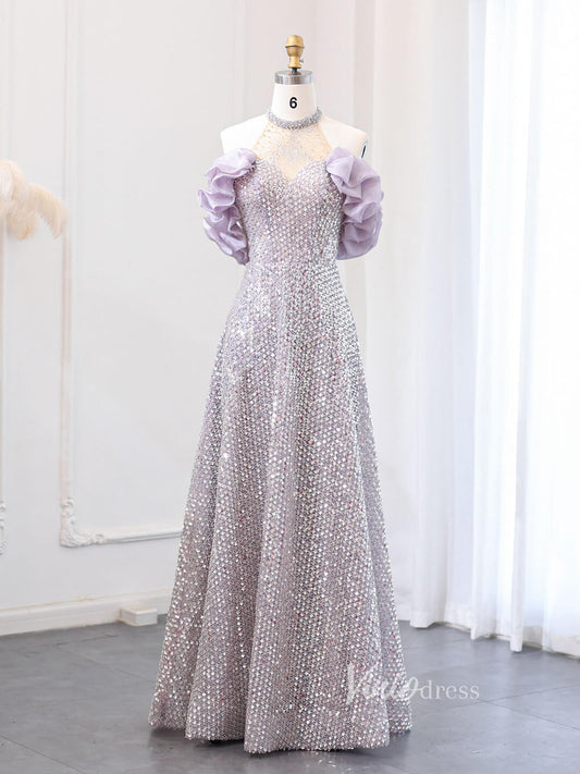 Mauve Beaded Ruffled Prom Dresses Hlater Neck Evening Dress AD1178-Evening Dresses 2025 -Viniodress-Mauve-US 2-