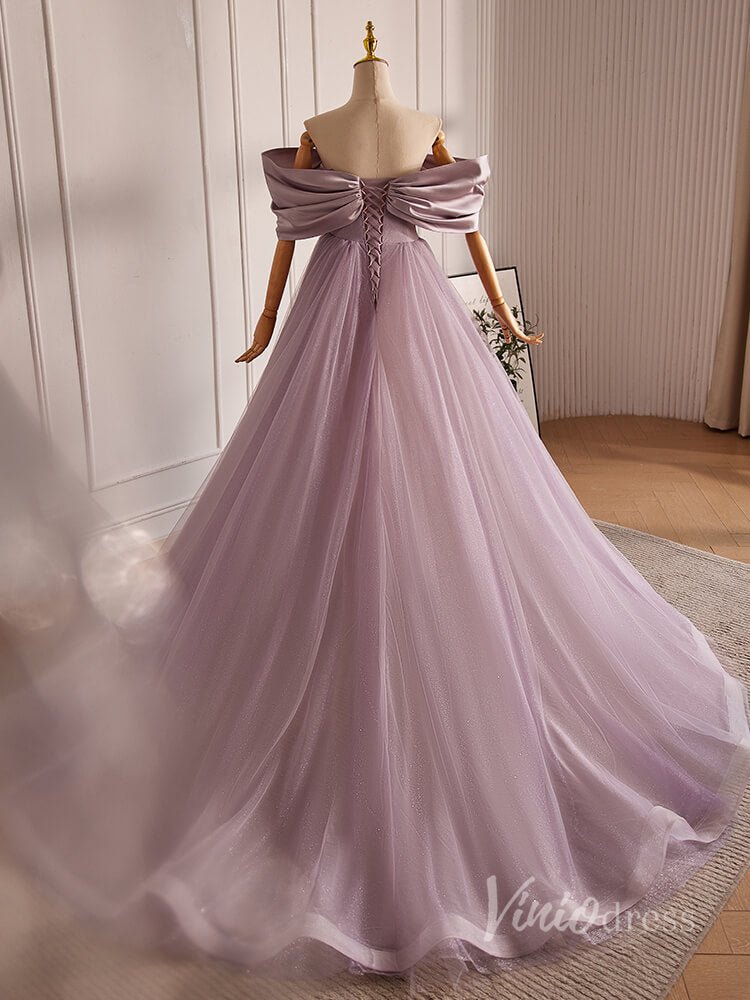 Mauve Bow Off the Shoulder Prom Dresses 2024 Satin Bodice Sparkly Tulle 90015-prom dresses 2025 -Viniodress-Mauve-Custom Size-
