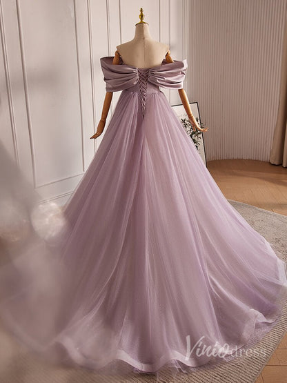 Mauve Bow Off the Shoulder Prom Dresses 2024 Satin Bodice Sparkly Tulle 90015-prom dresses 2025 -Viniodress-Mauve-Custom Size-