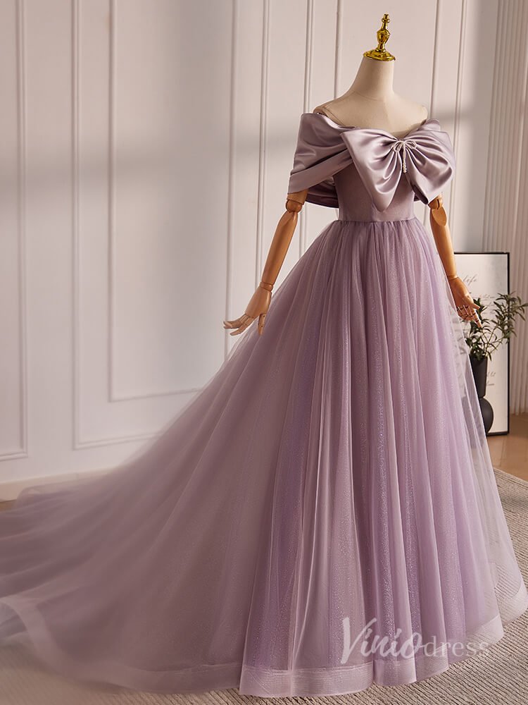 Mauve Bow Off the Shoulder Prom Dresses 2024 Satin Bodice Sparkly Tulle 90015-prom dresses 2025 -Viniodress-Mauve-Custom Size-