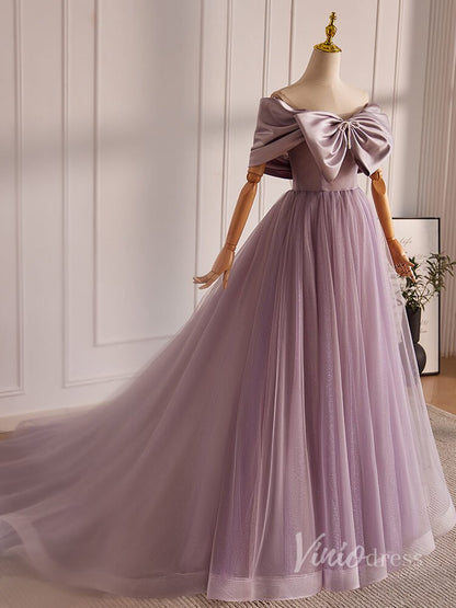 Mauve Bow Off the Shoulder Prom Dresses 2024 Satin Bodice Sparkly Tulle 90015-prom dresses 2025 -Viniodress-Mauve-Custom Size-