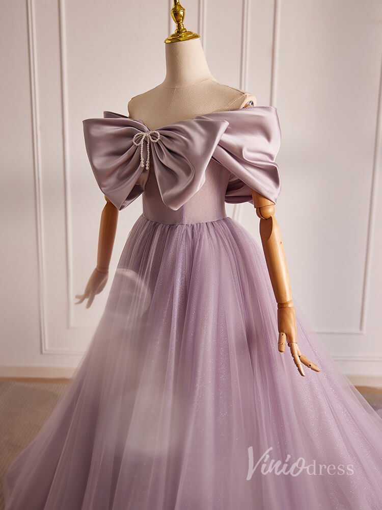 Mauve Bow Off the Shoulder Prom Dresses 2024 Satin Bodice Sparkly Tulle 90015-prom dresses 2025 -Viniodress-Mauve-Custom Size-