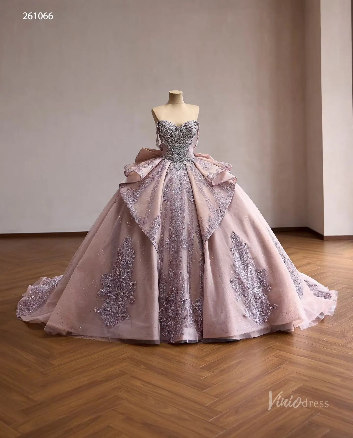 Mauve Crystal Beaded Quinceañera Ball Gown with Off-Shoulder Sleeves, Layered Overskirt & Oversized Bow – 261066-Quinceanera Dresses 2026-Viniodress-Mauve-US 0-