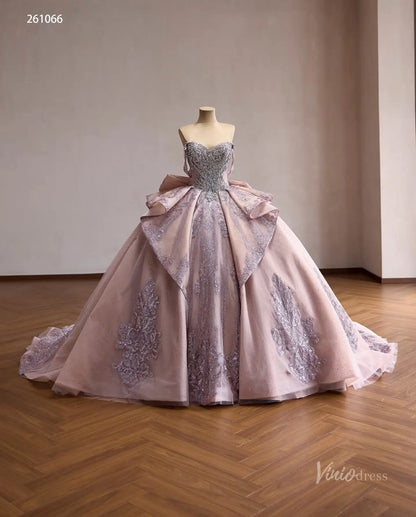 Mauve Crystal Beaded Quinceañera Ball Gown with Off-Shoulder Sleeves, Layered Overskirt & Oversized Bow – 261066-Quinceanera Dresses 2026-Viniodress-Mauve-US 0-