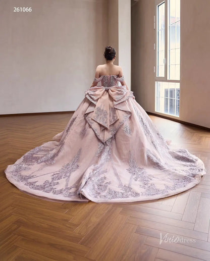 Mauve Crystal Beaded Quinceañera Ball Gown with Off-Shoulder Sleeves, Layered Overskirt & Oversized Bow – 261066-Quinceanera Dresses 2026-Viniodress-Mauve-US 0-