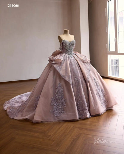 Mauve Crystal Beaded Quinceañera Ball Gown with Off-Shoulder Sleeves, Layered Overskirt & Oversized Bow – 261066-Quinceanera Dresses 2026-Viniodress-Mauve-US 0-