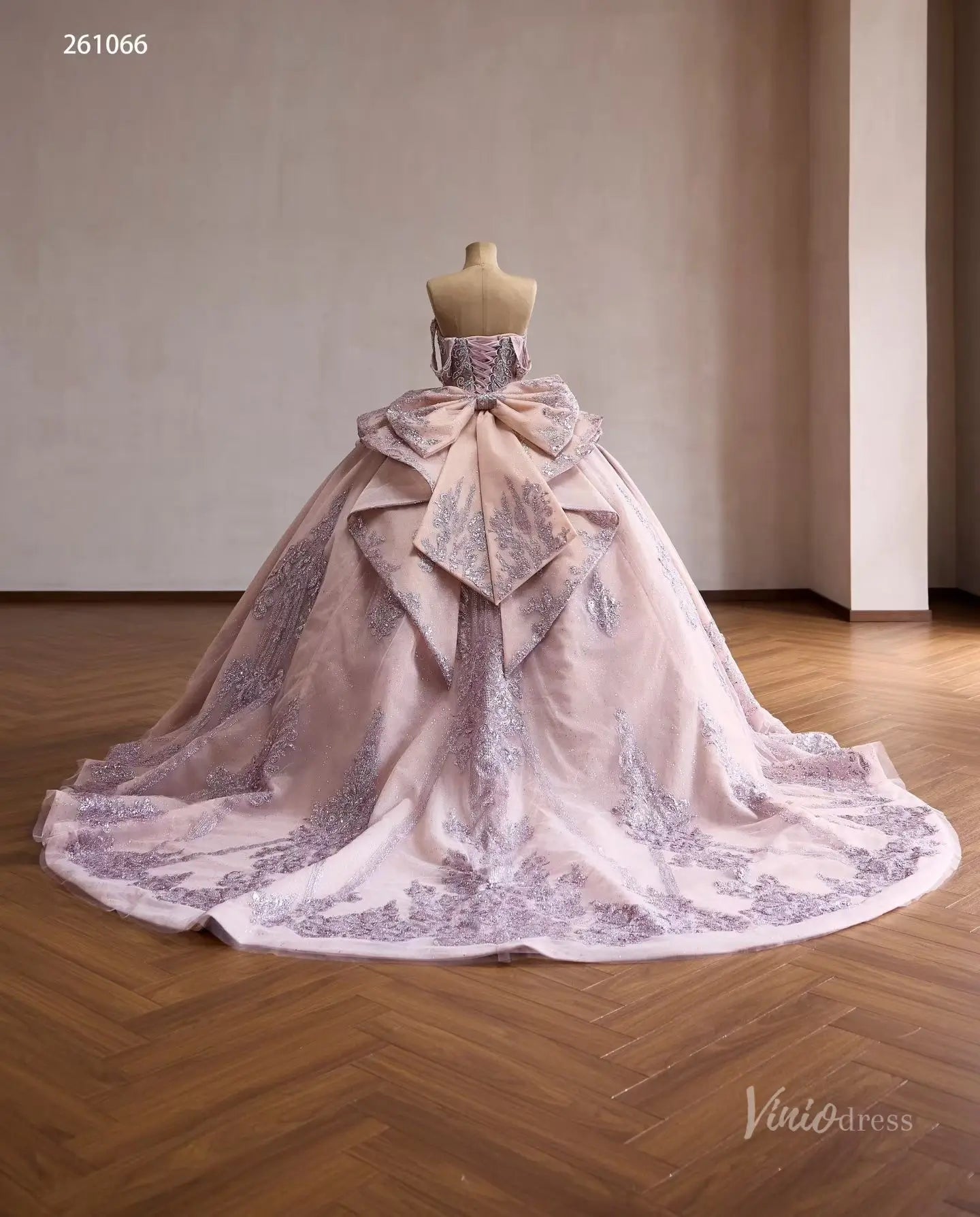 Mauve Crystal Beaded Quinceañera Ball Gown with Off-Shoulder Sleeves, Layered Overskirt & Oversized Bow – 261066-Quinceanera Dresses 2026-Viniodress-Mauve-US 0-