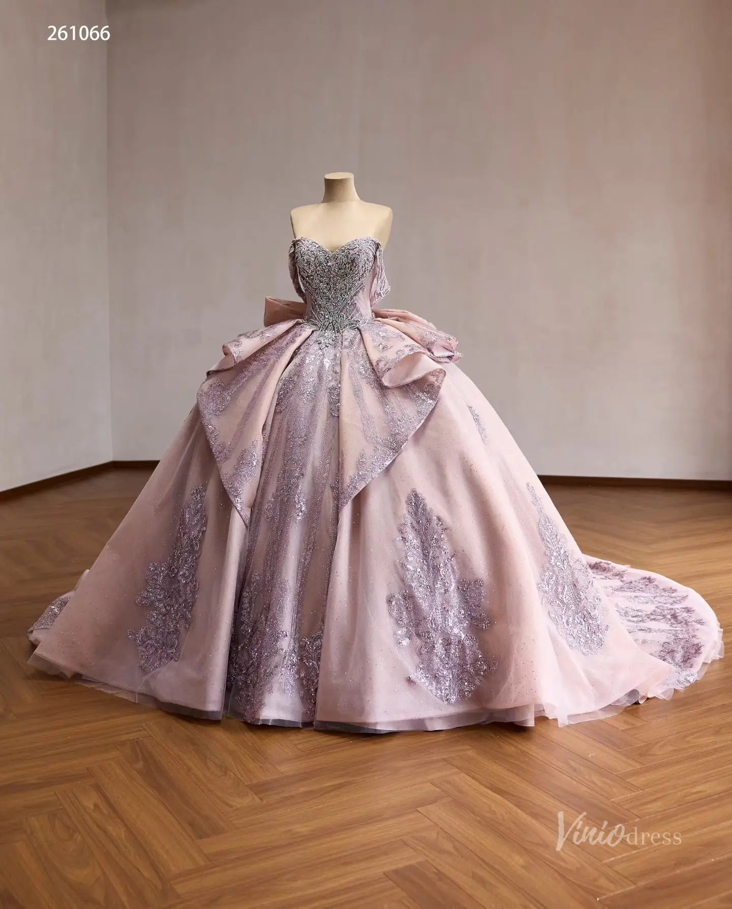 Mauve Crystal Beaded Quinceañera Ball Gown with Off-Shoulder Sleeves, Layered Overskirt & Oversized Bow – 261066-Quinceanera Dresses 2026-Viniodress-Mauve-US 0-