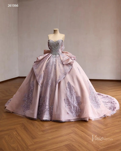 Mauve Crystal Beaded Quinceañera Ball Gown with Off-Shoulder Sleeves, Layered Overskirt & Oversized Bow – 261066-Quinceanera Dresses 2026-Viniodress-Mauve-US 0-