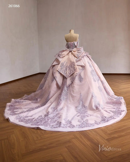 Mauve Crystal Beaded Quinceañera Ball Gown with Off-Shoulder Sleeves, Layered Overskirt & Oversized Bow – 261066-Quinceanera Dresses 2026-Viniodress-Mauve-US 0-