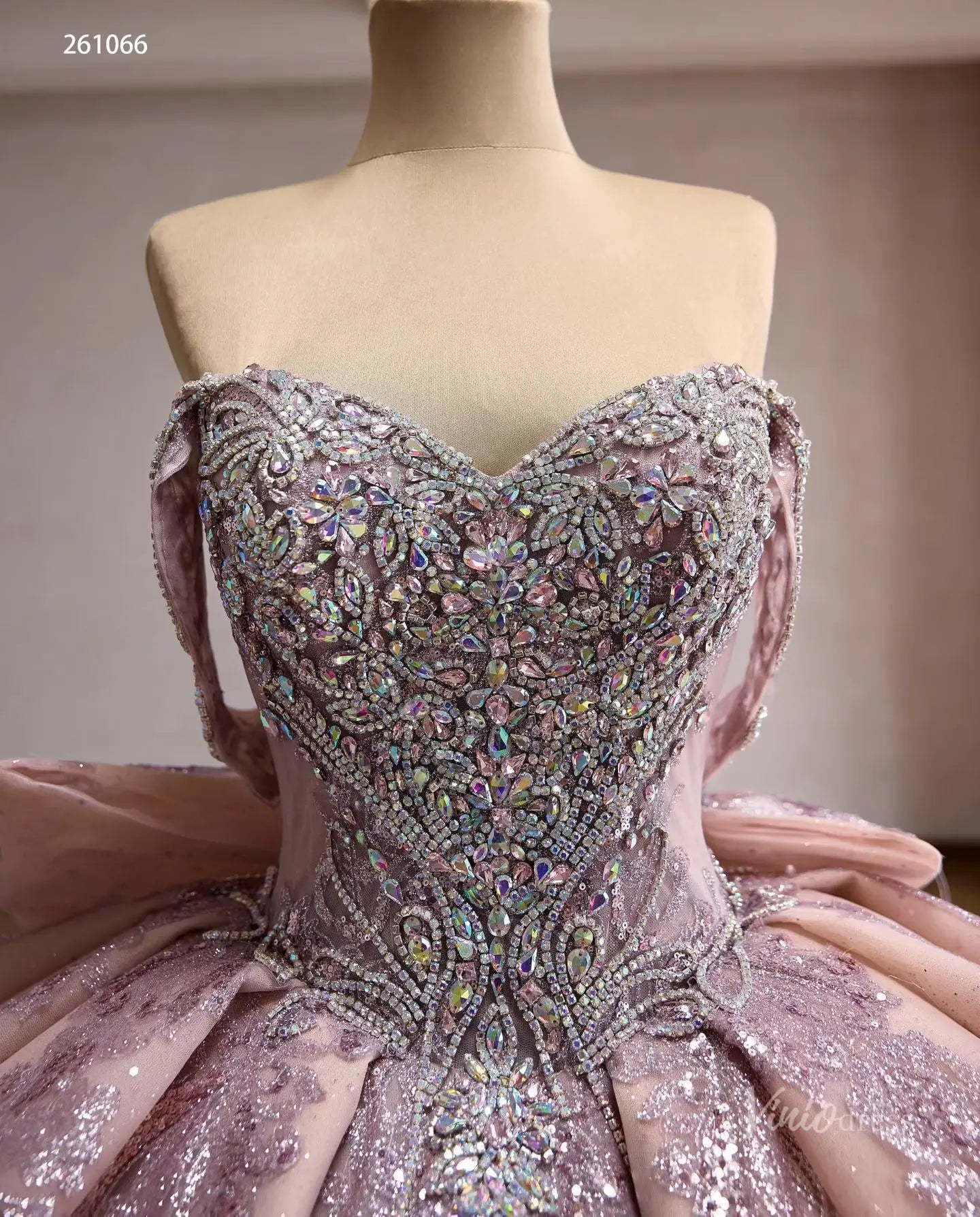 Mauve Crystal Beaded Quinceañera Ball Gown with Off-Shoulder Sleeves, Layered Overskirt & Oversized Bow – 261066-Quinceanera Dresses 2026-Viniodress-Mauve-US 0-