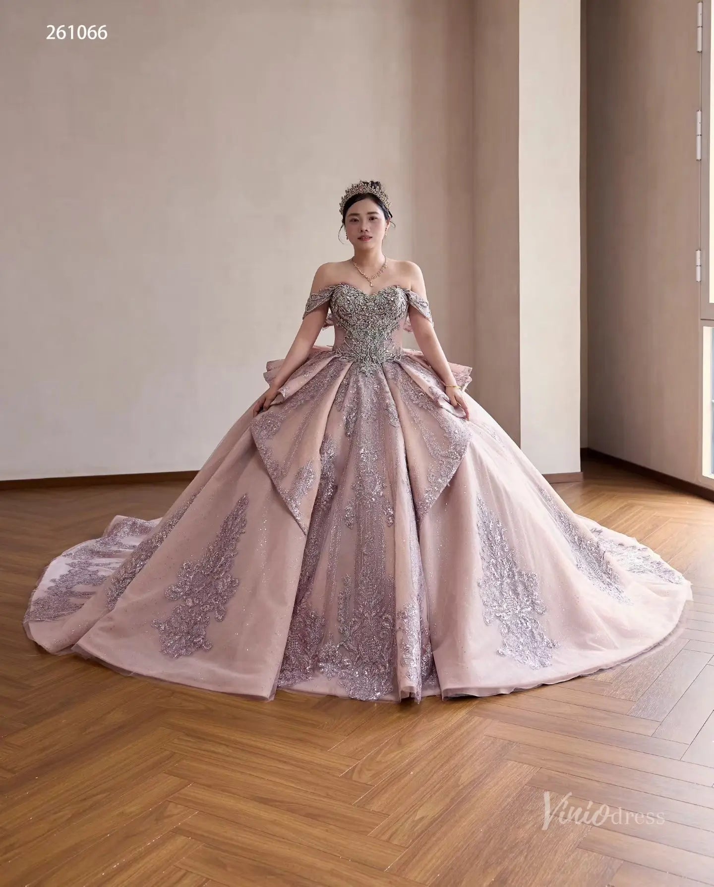 Mauve Crystal Beaded Quinceañera Ball Gown with Off-Shoulder Sleeves, Layered Overskirt & Oversized Bow – 261066-Quinceanera Dresses 2026-Viniodress-Mauve-US 0-