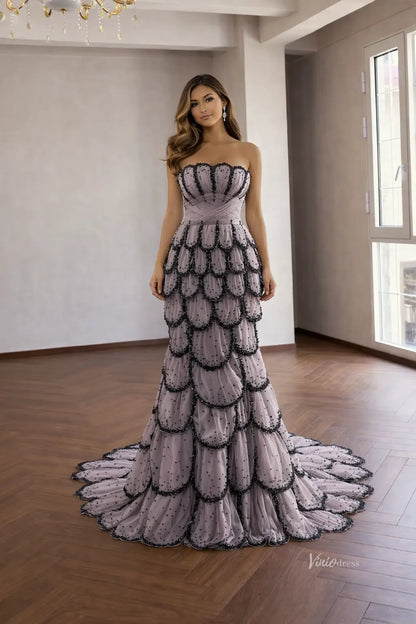 Mauve Mermaid Wedding Dress with Black Beaded Scalloped Skirt & Ruched Bodice – 261032-wedding dresses 2026-Viniodress-Mauve-Custom Size – Add Measurements in Cart-