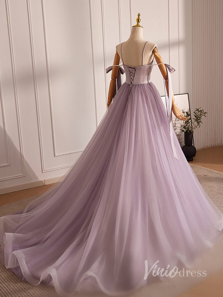 Mauve Pearl String Tulle Prom Dresses 2024 Spaghetti Strap Bow-Tie 90014-prom dresses 2025 -Viniodress-Mauve-Custom Size-