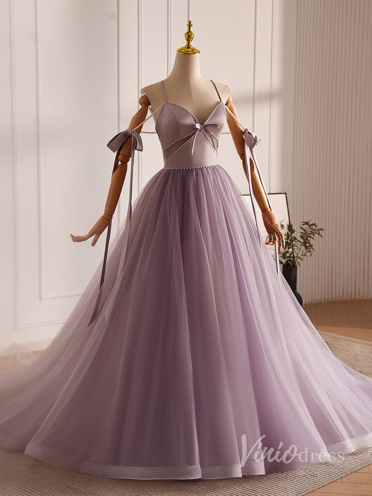 Mauve Pearl String Tulle Prom Dresses 2024 Spaghetti Strap Bow-Tie 90014-prom dresses 2025 -Viniodress-Mauve-Custom Size-