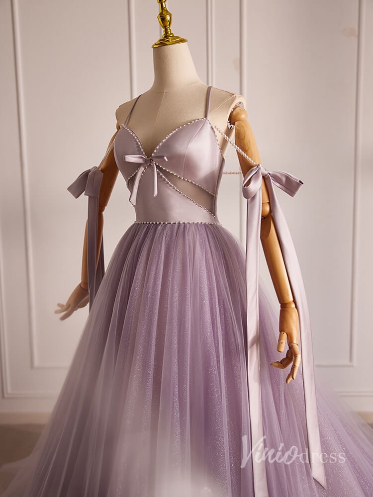 Mauve Pearl String Tulle Prom Dresses 2024 Spaghetti Strap Bow-Tie 90014-prom dresses 2025 -Viniodress-Mauve-Custom Size-