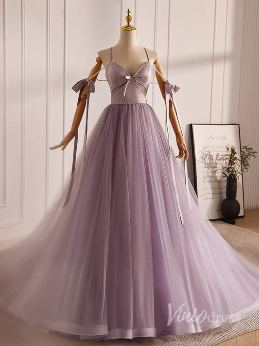 Mauve Pearl String Tulle Prom Dresses 2024 Spaghetti Strap Bow-Tie 90014-prom dresses 2025 -Viniodress-Mauve-Custom Size-