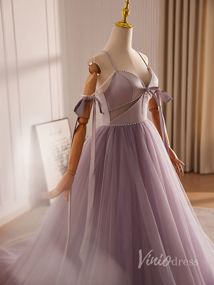 Mauve Pearl String Tulle Prom Dresses 2024 Spaghetti Strap Bow-Tie 90014-prom dresses 2025 -Viniodress-Mauve-Custom Size-