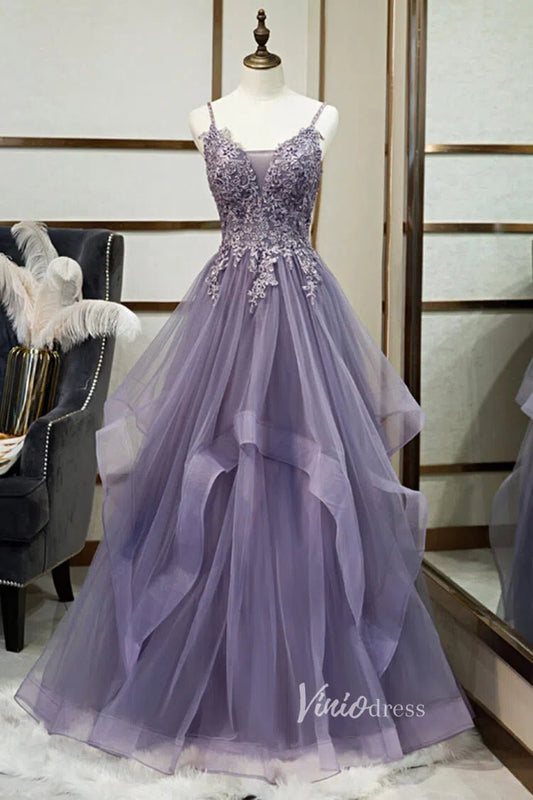 Mauve Purple Prom Dress Spaghetti Strap V-neck Tiered Formal Dress FD2627-prom dresses 2025 -Viniodress-Mauve-Custom Size-