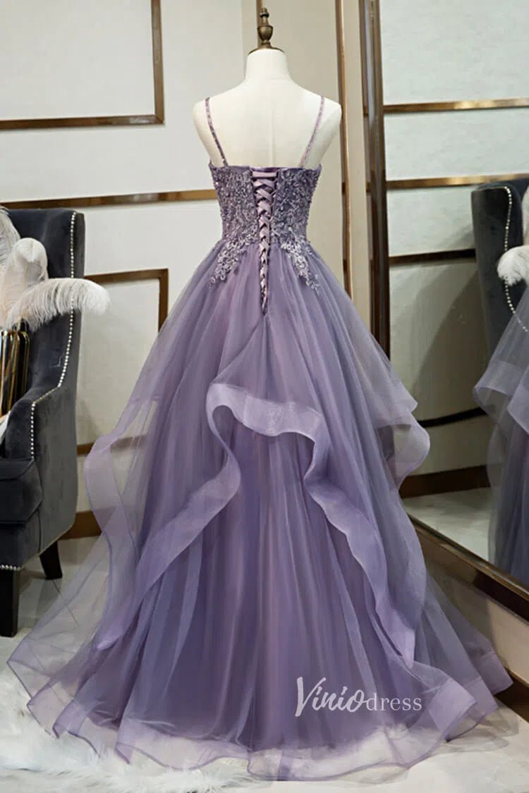 Mauve Purple Prom Dress Spaghetti Strap V-neck Tiered Formal Dress FD2627-prom dresses 2025 -Viniodress-Mauve-Custom Size-