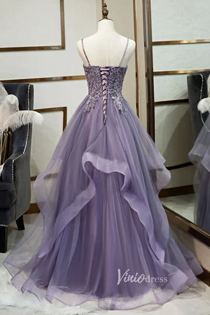 Mauve Purple Prom Dress Spaghetti Strap V-neck Tiered Formal Dress FD2627-prom dresses 2025 -Viniodress-Mauve-Custom Size-