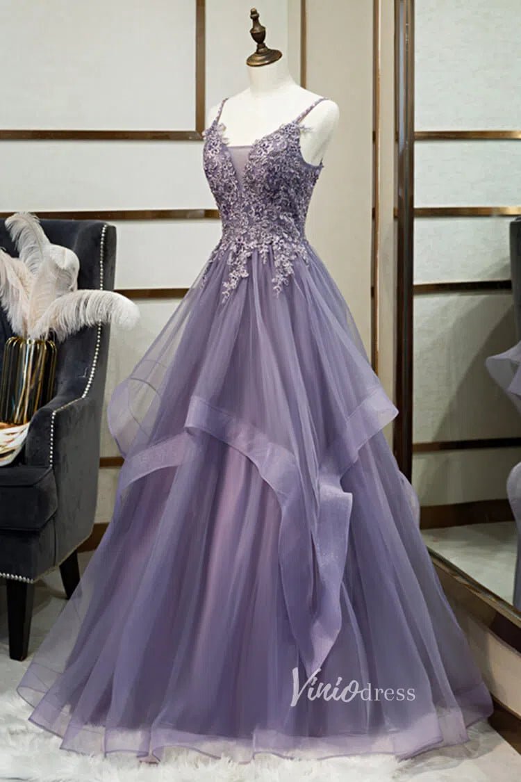 Mauve Purple Prom Dress Spaghetti Strap V-neck Tiered Formal Dress FD2627-prom dresses 2025 -Viniodress-Mauve-Custom Size-