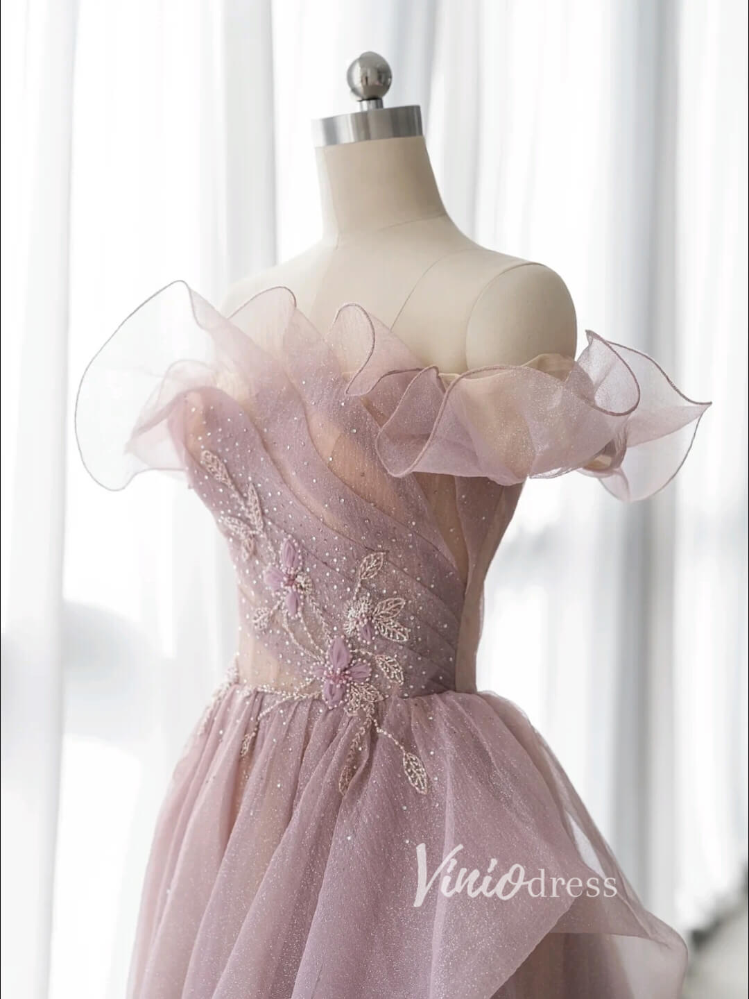 Mauve Sparkly Tulle Prom Dresses Off the Shoulder Formal Gown FD3415 Viniodress Mauve Sparkly Tulle Prom Dresses Off the Shoulder Formal Gown FD3415 Viniodress
