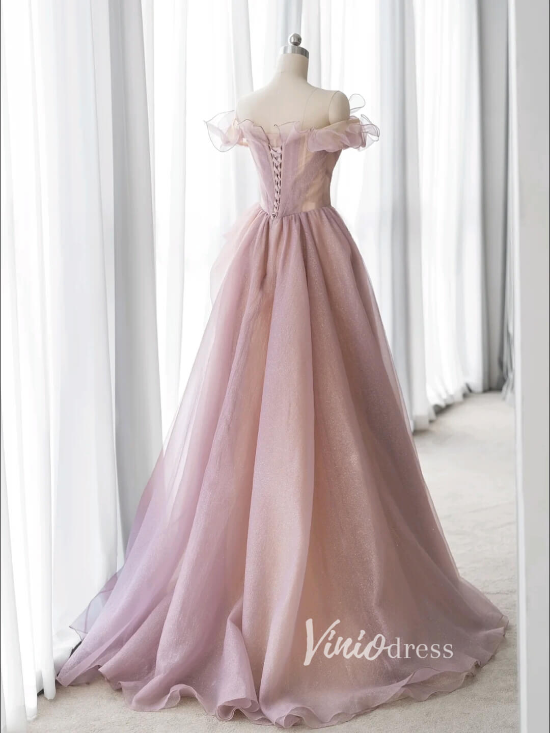 Prom Dress 2025 Mauve Sparkly Tulle Prom Dresses Off the Shoulder Formal Gown FD3415-unique prom dresses-Mauve-Custom Size-Viniodress