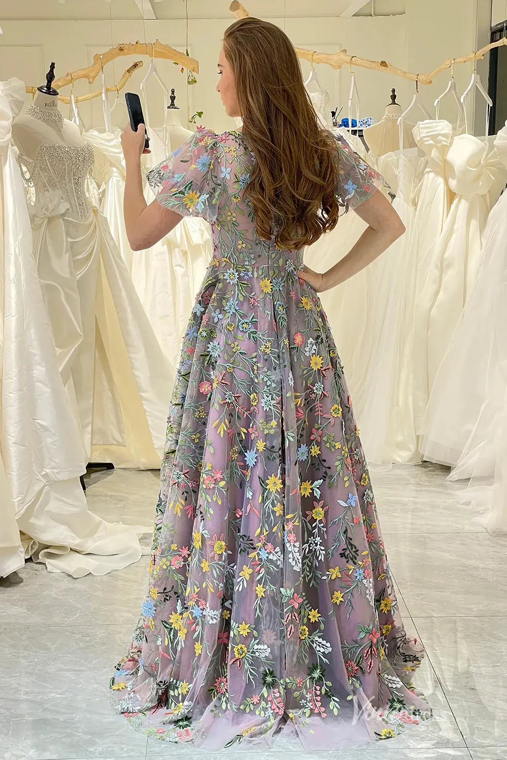 Meadow Floral Embroidered Wedding Dress with Short Sleeves Unique Prom Gown – FW220-prom dresses 2025 -Viniodress-Mauve-Custom Size-