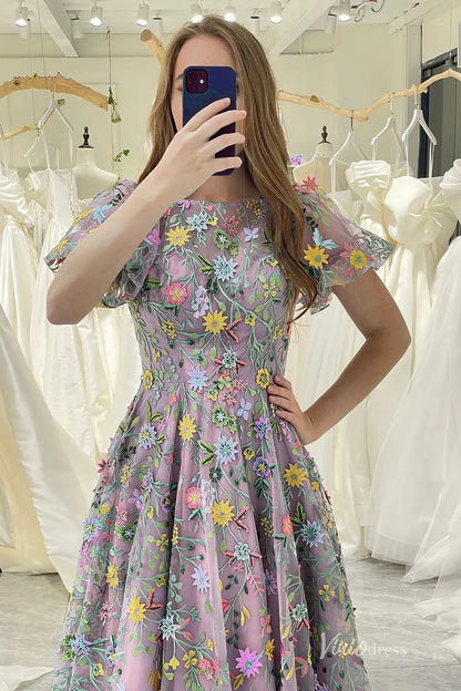 Meadow Floral Embroidered Wedding Dress with Short Sleeves Unique Prom Gown – FW220-prom dresses 2025 -Viniodress-Mauve-Custom Size-