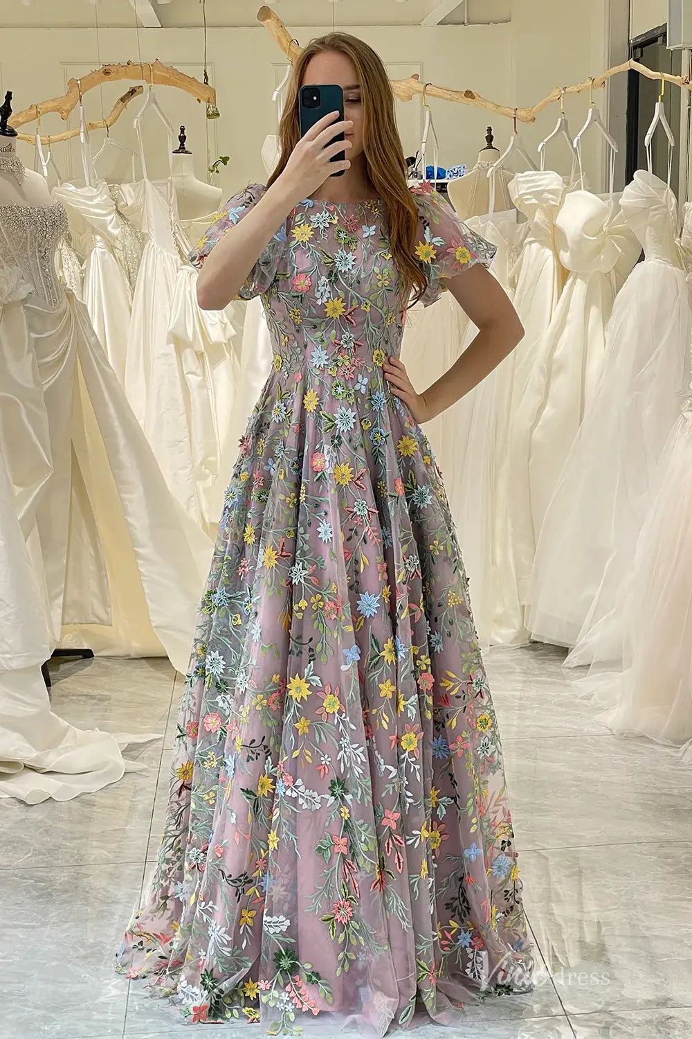 Meadow Floral Embroidered Wedding Dress with Short Sleeves Unique Prom Gown – FW220-prom dresses 2025 -Viniodress-Mauve-Custom Size-