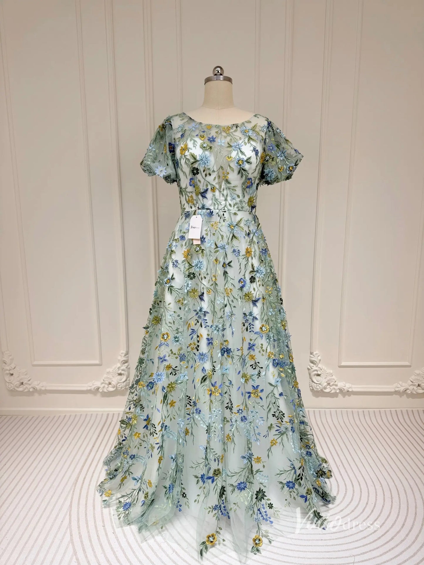 Meadow Floral Embroidered Wedding Dress with Short Sleeves Unique Prom Gown – FW220-prom dresses 2025 -Viniodress-Mauve-Custom Size-