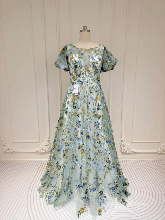 Meadow Floral Embroidered Wedding Dress with Short Sleeves Unique Prom Gown – FW220-prom dresses 2025 -Viniodress-Mauve-Custom Size-