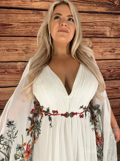 Meadow Floral Whimsical Wedding Dress | Nature-Inspired Gown with Flare Sleeves FW151-wedding dresses 2025 -Viniodress-Ivory-Custom Size-