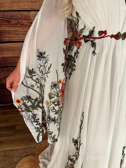 Meadow Floral Whimsical Wedding Dress | Nature-Inspired Gown with Flare Sleeves FW151-wedding dresses 2025 -Viniodress-Ivory-Custom Size-