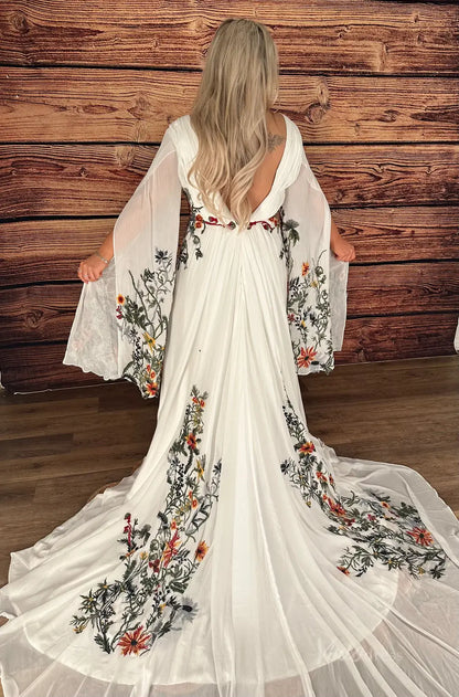 Meadow Floral Whimsical Wedding Dress | Nature-Inspired Gown with Flare Sleeves FW151-wedding dresses 2025 -Viniodress-Ivory-Custom Size-