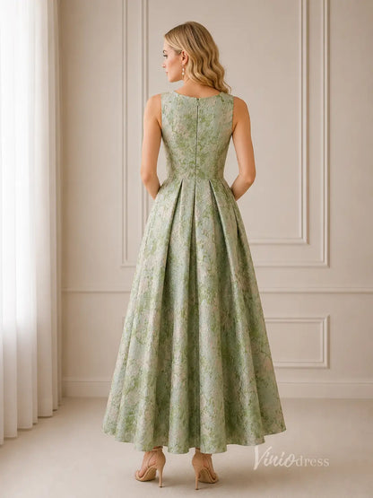 Meadow Green Floral Jacquard Wedding Guest Dress with Bateau Neck, Pockets & High-Low Hem - GE105-bridesmaid dresses 2026-Viniodress-Meadow Green-Custom Size – Add Measurements in Cart-