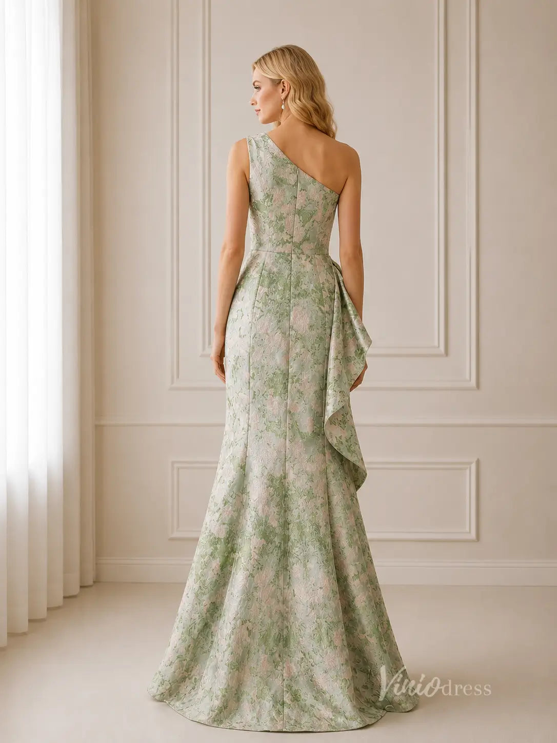 Meadow Green Floral Jacquard Wedding Guest Dress with One-Shoulder Neckline & Cascading Ruffle - GE103-bridesmaid dresses 2026-Viniodress-Meadow Green-Custom Size – Add Measurements in Cart-