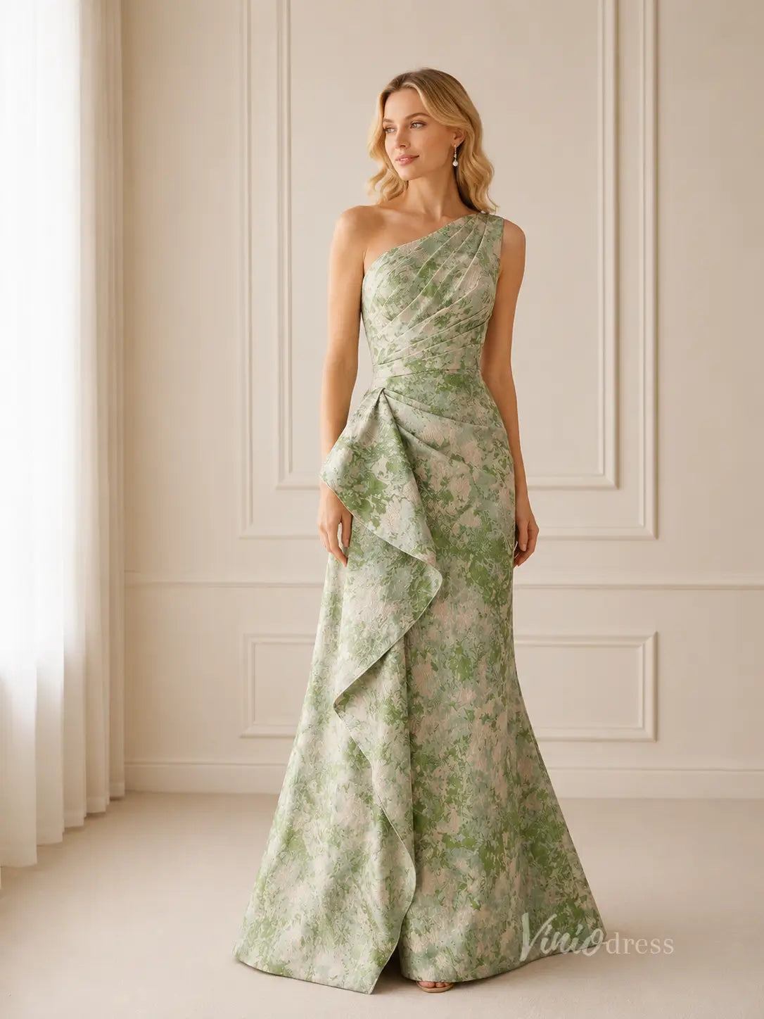 Meadow Green Floral Jacquard Wedding Guest Dress with One-Shoulder Neckline & Cascading Ruffle - GE103-bridesmaid dresses 2026-Viniodress-Meadow Green-Custom Size – Add Measurements in Cart-