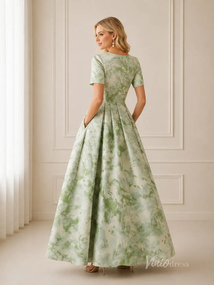 Meadow Green Floral Mother of the Bride Dress with Short Sleeves, Pockets & Pleated A-Line Skirt - GE101-bridesmaid dresses 2026-Viniodress-Meadow Green-Custom Size – Add Measurements in Cart-