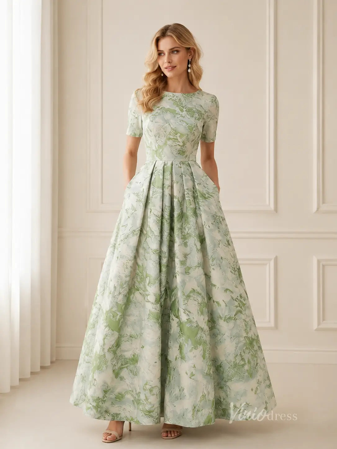 Meadow Green Floral Mother of the Bride Dress with Short Sleeves, Pockets & Pleated A-Line Skirt - GE101-bridesmaid dresses 2026-Viniodress-Meadow Green-Custom Size – Add Measurements in Cart-