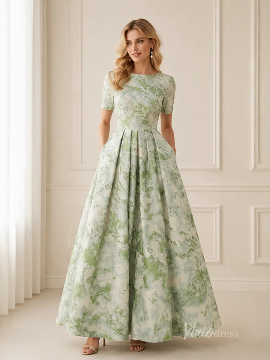 Meadow Green Floral Mother of the Bride Dress with Short Sleeves, Pockets & Pleated A-Line Skirt - GE101-bridesmaid dresses 2026-Viniodress-Meadow Green-Custom Size – Add Measurements in Cart-