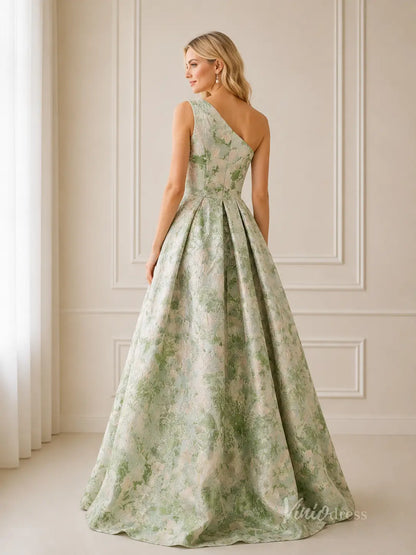 Meadow Green Floral One-Shoulder Wedding Guest Dress with High Slit & Pleated A-Line Skirt - GE102-bridesmaid dresses 2026-Viniodress-Meadow Green-Custom Size – Add Measurements in Cart-