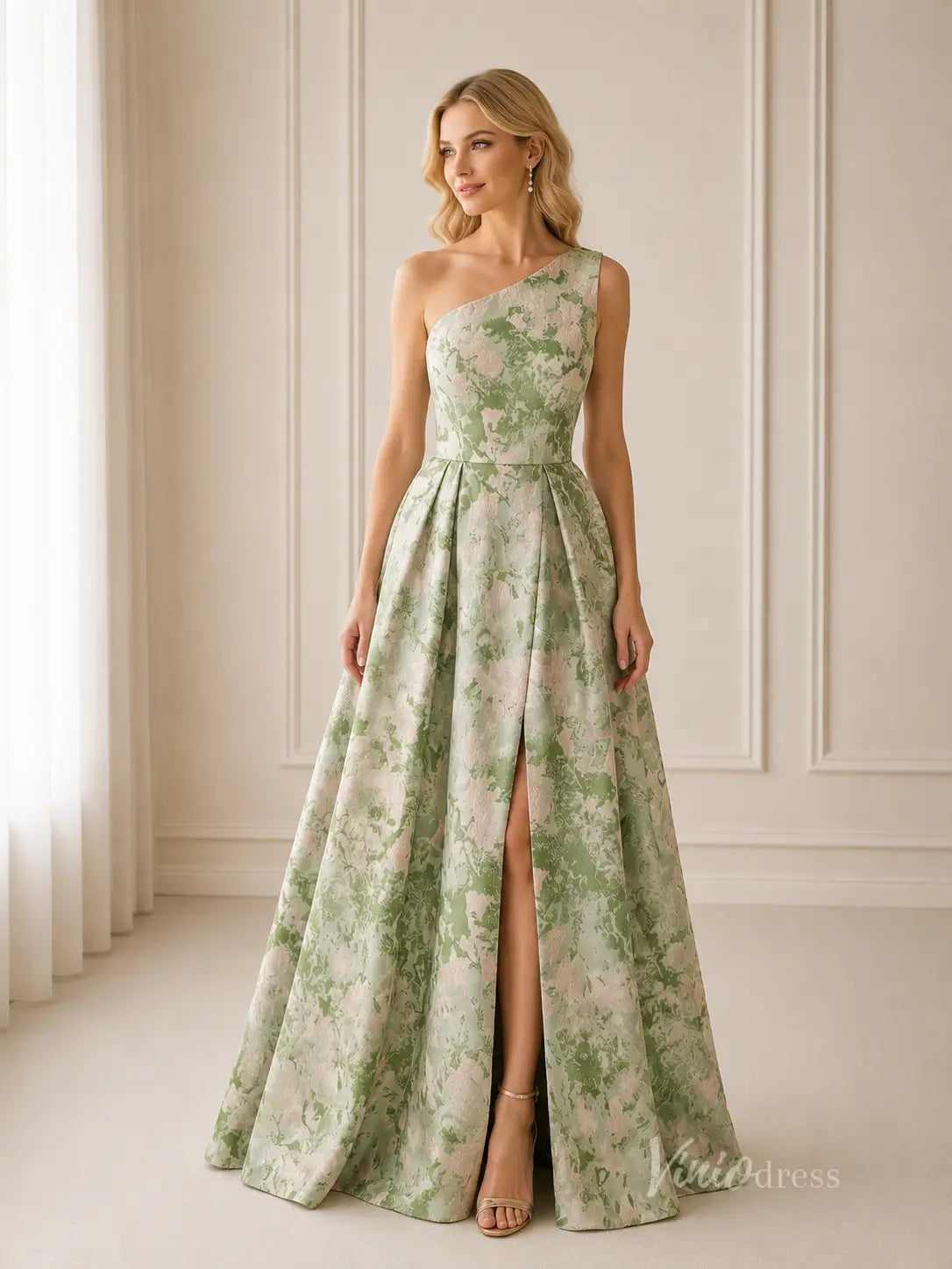 Meadow Green Floral One-Shoulder Wedding Guest Dress with High Slit & Pleated A-Line Skirt - GE102-bridesmaid dresses 2026-Viniodress-Meadow Green-Custom Size – Add Measurements in Cart-