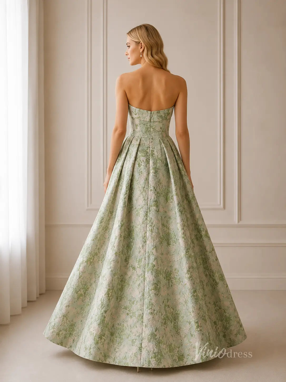 Meadow Green Floral Strapless Bridesmaid Dress with High-Low Hem & Pleated A-Line Skirt - GE104-bridesmaid dresses 2026-Viniodress-Meadow Green-Custom Size – Add Measurements in Cart-