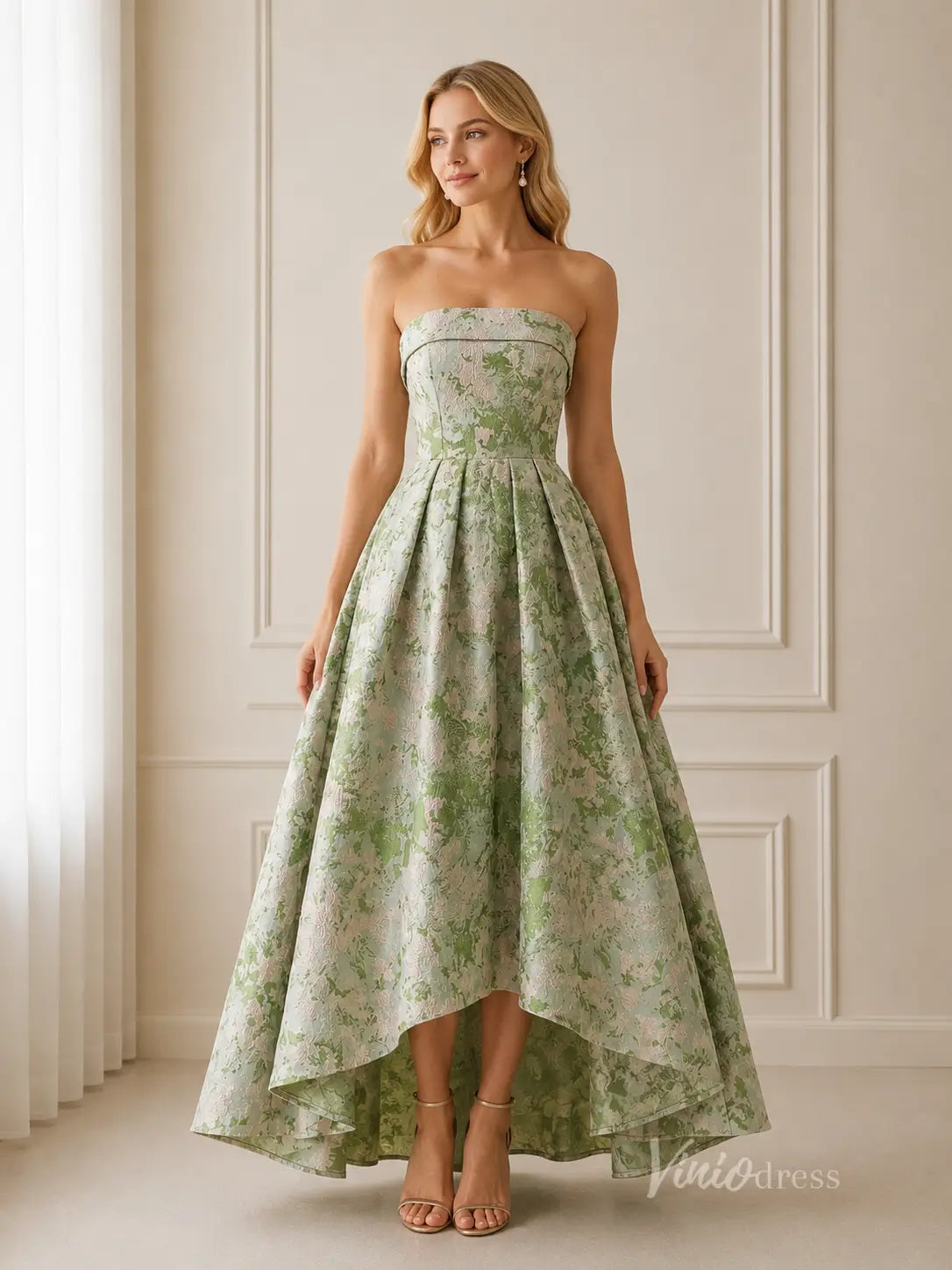 Meadow Green Floral Strapless Bridesmaid Dress with High-Low Hem & Pleated A-Line Skirt - GE104-bridesmaid dresses 2026-Viniodress-Meadow Green-Custom Size – Add Measurements in Cart-
