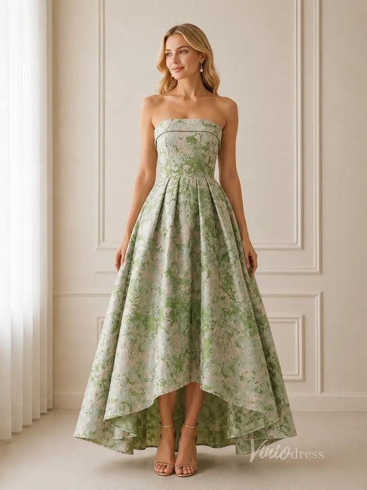 Meadow Green Floral Strapless Bridesmaid Dress with High-Low Hem & Pleated A-Line Skirt - GE104-bridesmaid dresses 2026-Viniodress-Meadow Green-Custom Size – Add Measurements in Cart-