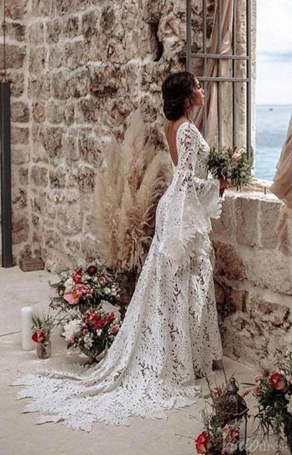 Mermaid Bohemian Lace Wedding Dresses Long Flare Sleeves VW2218-wedding dresses 2025 -Viniodress-Ivory-Custom Size-