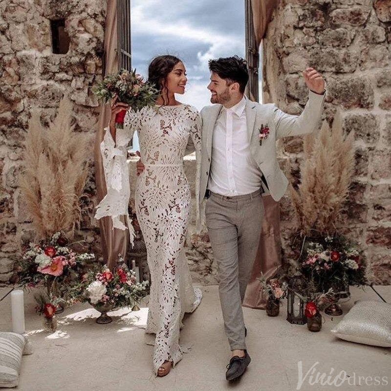 Mermaid Bohemian Lace Wedding Dresses Long Flare Sleeves VW2218-wedding dresses 2025 -Viniodress-Ivory-Custom Size-