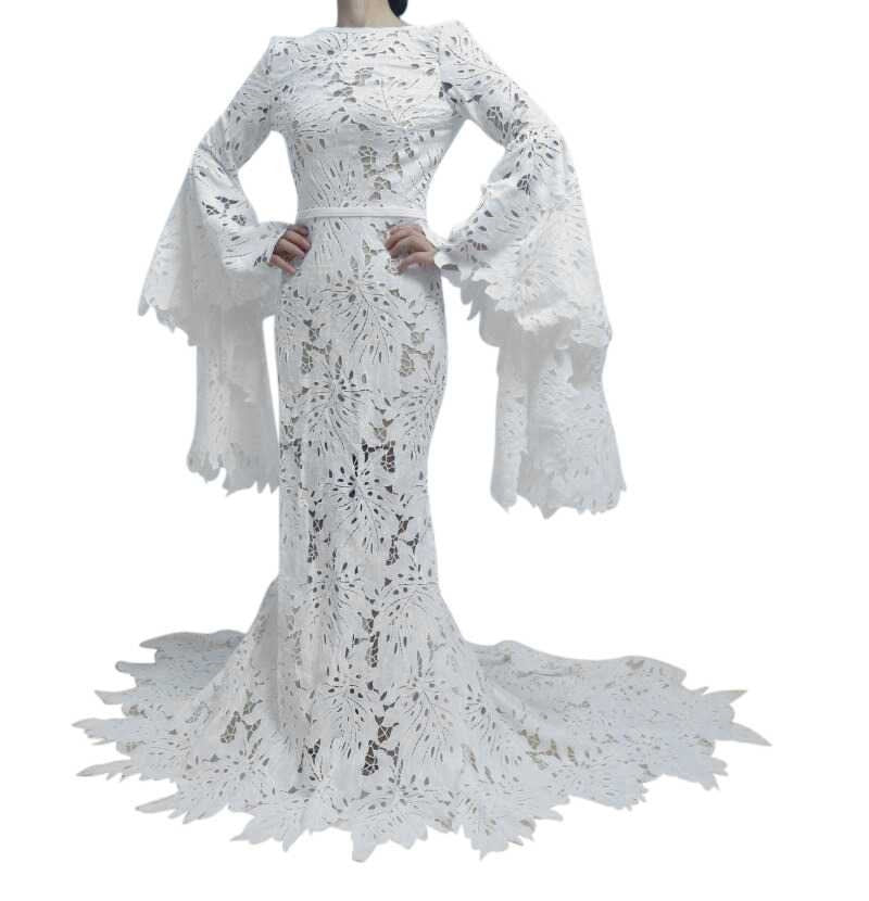 Mermaid Bohemian Lace Wedding Dresses Long Flare Sleeves VW2218-wedding dresses 2025 -Viniodress-Ivory-Custom Size-